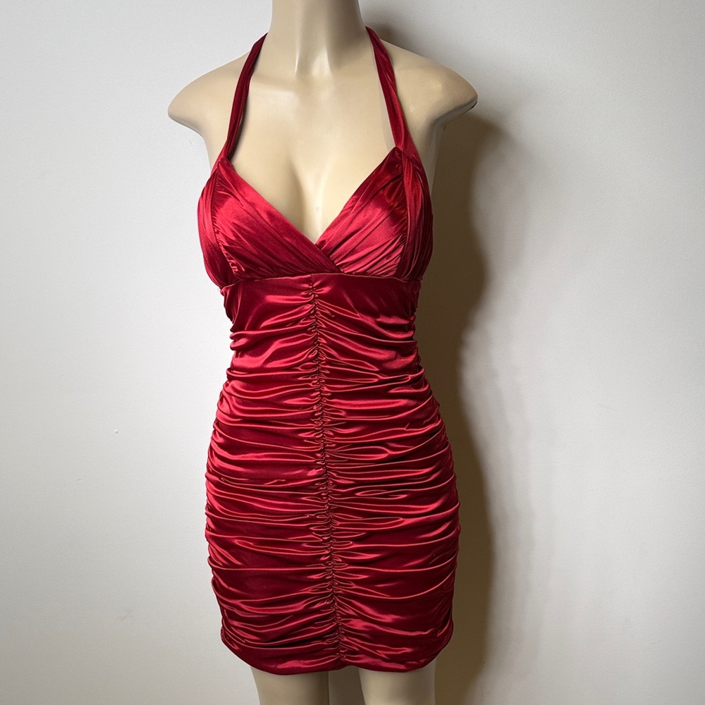 City Triangles Red Satin Ruched Halter Mini Dress